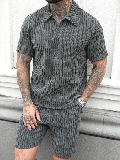 Manfinity CasualCool 2pcs Men's Soft Jacquard Fabric Short Sleeve Polo Shirt And Drawstring Elastic Waist Shorts Set, Suitable For Casual, Party, Gathering, Sports, Office, Spring/Autumn, Stylish Samurai Design, Great For Self-Wear Or Gift