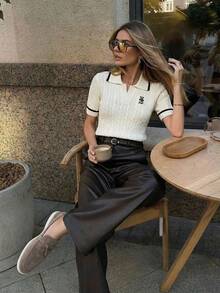 Briarwyn 夏季女士休闲撞色滚边小熊刺绣短袖毛衣，夏季/女士学院风麻花针织小熊刺绣撞色滚边Polo领短袖针织上衣，夏季，度假，复古风格，学院风 - 白色 - 查看 5