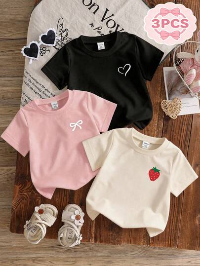 Souflis Souflis Conjunto de 3 piezas para bebé niña y niño de 6-36 meses: Top de punto de cuello redondo de manga corta con elemento de fresa, cómodo y casual para primavera y verano