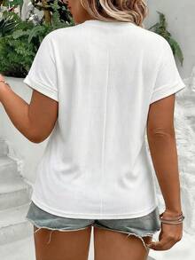 EMERY ROSE Áo thun ngắn tay cổ chữ V gân sọc thời trang nữ cỡ lớn mùa hè mới - trắng - Xem 2