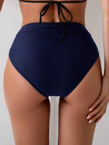 Swim Basics Women's Summer Beach Solid Color Asymmetric Waist Bikini Bottom - Navy Blue - View 2