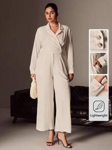 Juhart 大码女式梭织常规春秋优雅办公室长袖翻领连体裤，杏色 - 杏色 - 查看 1