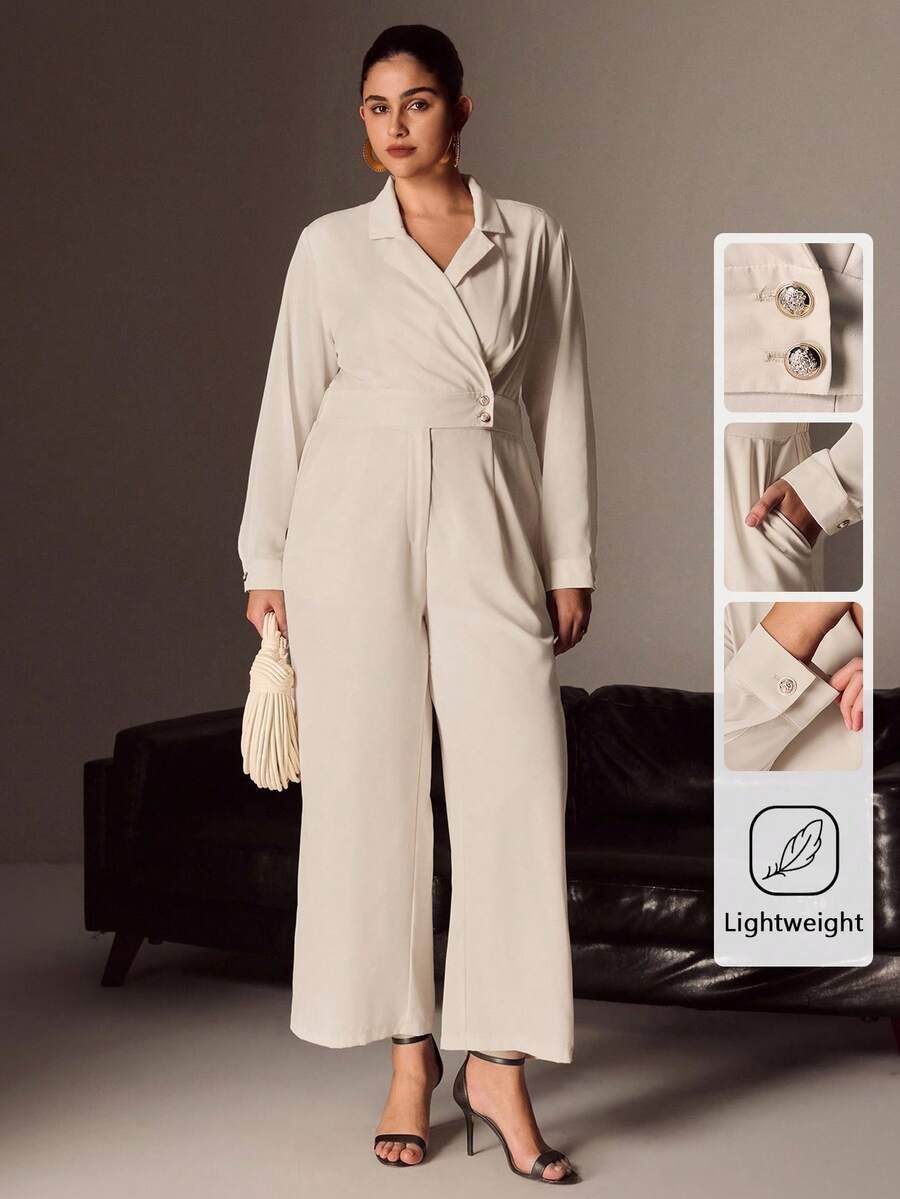 Juhart 大码女式梭织常规春秋优雅办公室长袖翻领连体裤，杏色 - 杏色 - 查看 1