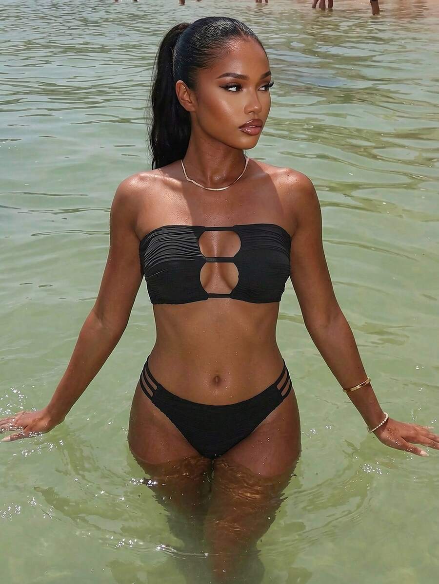 Vaytide 夏季海灘露肩織紋圓管比基尼 - 黑色 - 查看 1