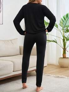 Loomlin 2pcs Cotton V Neck Lace Detail Homewear Set - Black - View 2