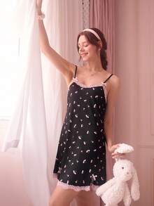 Bonmuse CottageSlumber 女式罗纹针织花卉蕾丝边蝴蝶结性感吊带睡衣 - 黑色 - 查看 8