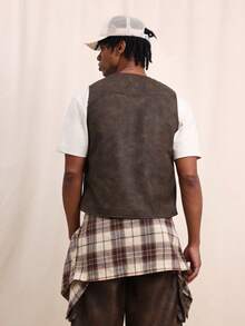 SUMWON 男士无袖纽扣马甲休闲叠穿马甲经典V领常规版型正式商务秋冬风格外套 - 棕色 - 查看 3