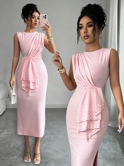 Elenzga Kadın Modası Örgü Yuvarlak Yaka Pileli İnci Süslemeli Şık Romantik Günlük, Randevu, İşe Gidiş Geliş, Akşam Yemeği, Tatil Elbisesi, Pembe, İlkbahar/Yaz