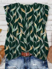 SHEIN LUNE 女士植物印花休闲衬衫，适合夏季穿着 - 綠色 - 查看 2