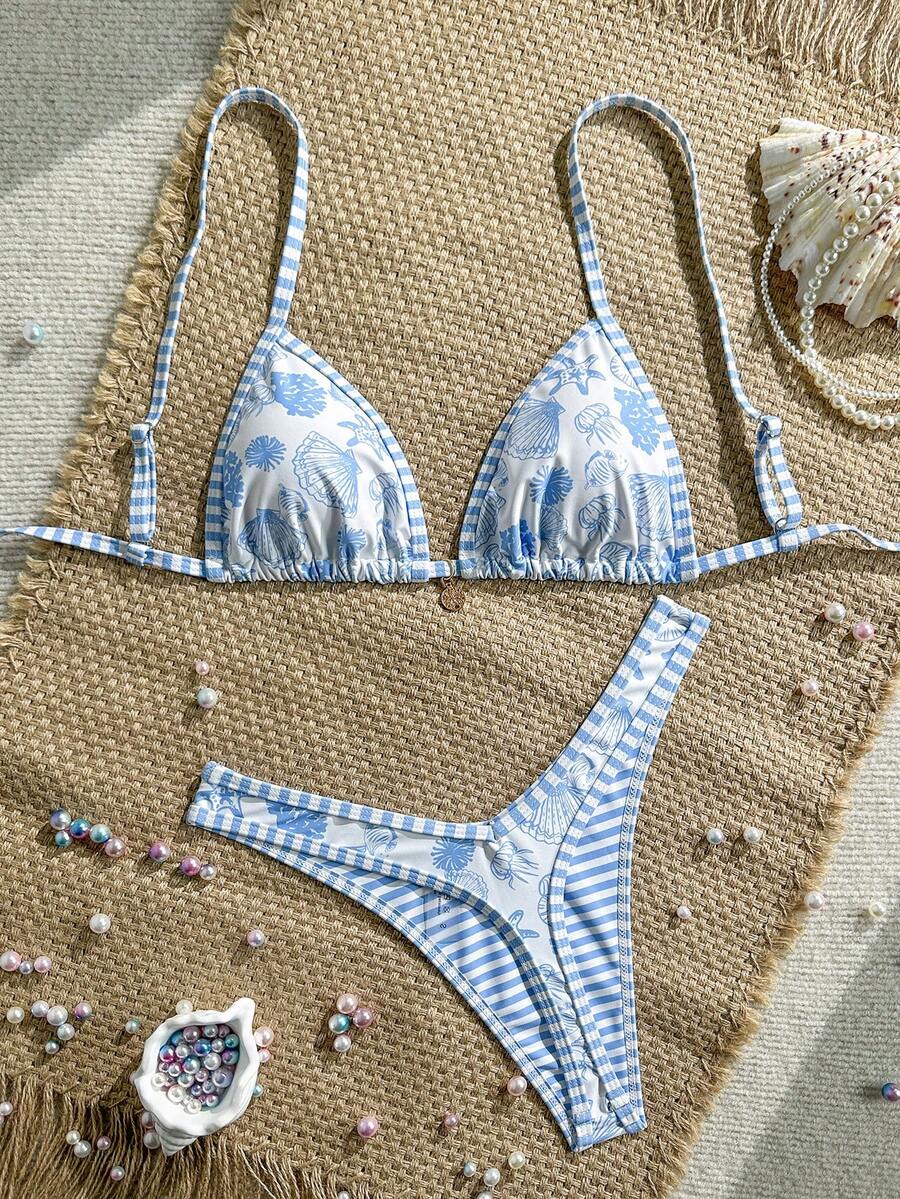 Swim Mod Bộ 2 món gồm áo bikini tam giác buộc cổ và quần lọt khe cạp cao, họa tiết hoa ngẫu nhiên, trang trí đĩa vàng, thích hợp cho mùa xuân/hè. - Nhiều màu - Xem 1