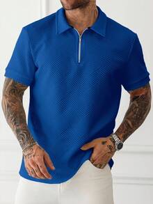 Manfinity Homme 男士純色短袖休閒通勤 Polo 衫，藍色拉鍊紋理襯衫 - 寶藍色 - 查看 4