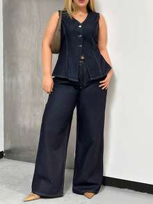 EURMUSE Woman Denim Set Smart Casual Sleeveless Vest And High Waist Straight Jean - Dark Wash - View 9
