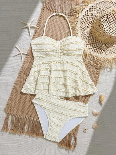 SHEIN Teen Girls Tankini Swimsuit, Casual & Conservative, Light Yellow Jacquard Halter Neck With Drawstring And Ruffle Hem Top, Paired With Triangle Bottoms, Fashionable & Elegant, Suitable For Swimming, Summer Vacation, Beach, Pool, Holiday Party Ruffle Swimsuit Summer Bathing Suits Beige Swim Wear Three-Piece Swimsuit Set Seashell Swimsuit