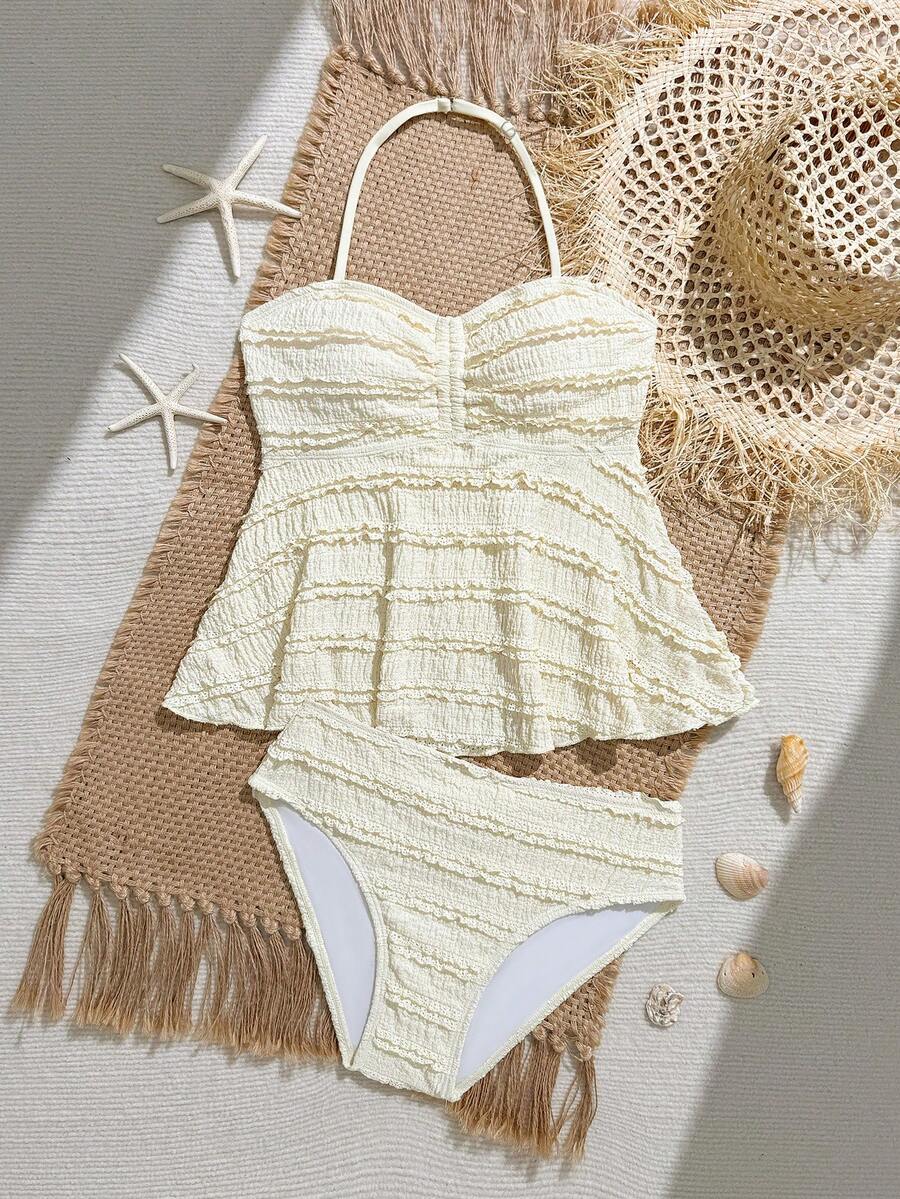 SHEIN 少女吊带泳衣，休闲保守款，浅黄色提花露背吊带上衣，配有抽绳和荷叶边下摆，搭配三角泳裤，时尚优雅，适合游泳、夏季度假、海滩、泳池、节日派对等场合。 - 杏色 - 查看 1