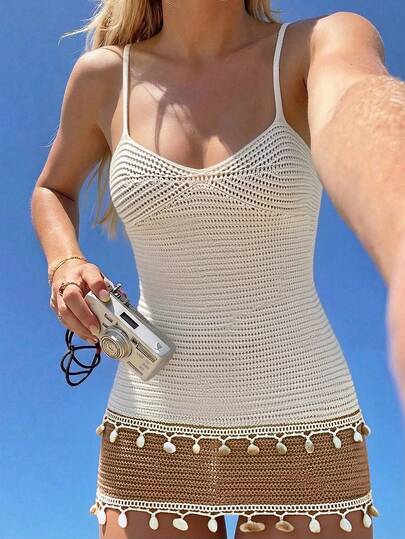 Swim Vcay ชุดคลุมชายหาด Chiccia ผู้หญิง สีบล็อก โครเชต์ เซ็กซี่ มินิมอล ชุดคลุมชุดว่ายน้ำตกแต่งเปลือกหอย, ชุดมินิเดรสแขนกุด Y2K น่ารักสำหรับวันหยุดฤดูร้อนที่เกาะอิบิซา, กระโปรงมินิเดรสสายเดี่ยวเข้ารูปสำหรับเทศกาลดนตรีคันทรี่, ชุดคลุมเซ็กซี่สำหรับวันหยุดพักผ่อนริมชายหาด, ชุดคาฟตัน สไตล์โบฮีเมียนหรูหราสำหรับชายหาดฤดูร้อน, เหมาะสำหรับวันหยุดพักผ่อนริมชายหาด, ออกนอกบ้าน, เดท, ชุดชายหาด, ชุดใส่ไปชายหาด