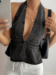 Livesso Áo croptop nữ dáng rộng, thắt eo, hở lưng, dây mảnh, phong cách đường phố, mùa xuân/hè. - màu đen - Xem 9