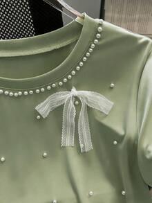 Resyla Women's Pink Bow Pearl Decor Sweet Y2K Short Sleeve T-Shirt, Suitable For Dates, Daily Wear, Commuting, Versatile, Fashionable, Casual Green T Shirt Lace Bow Top Pearl Embellished Top Light Green Tops Sage Green Tops Cute Shirt T Shirt For Women Clothes T Shirt Bow Detail Shirt - Olive Green - View 5