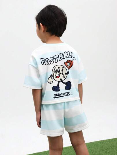 SUMWON 男童超大条纹棒球T恤短裤套装，夏季休闲两件套，圆领，世界杯