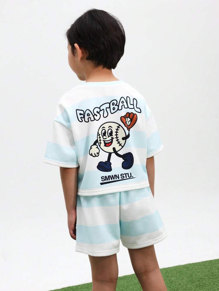 Boys Oversized Striped Fastball Baseball T-Shirt Shorts Matching Coordinate Set Summer Casual Two Piece Outfit Crew Neck , World Cup