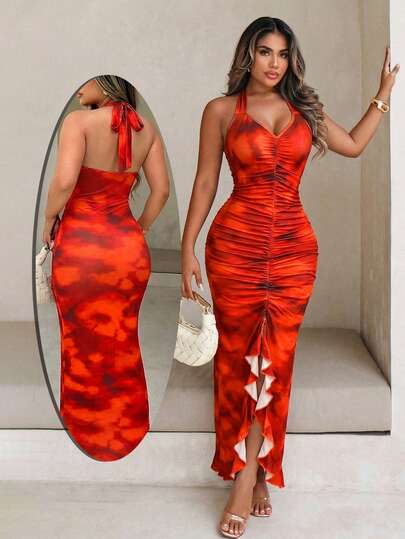 Xyvia 女士多色数码印花V领露背吊带修身荷叶边连衣裙，优雅性感设计，适合生日、约会、派对、情人节、嘉年华、旅行、街拍等场合，春夏新款时尚必备单品