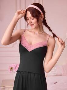 Bonmuse 女士睡衣套装（含蕾丝花边吊带背心和裤子） - 黑色 - 查看 6