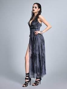 ROMWE Goth 深V领高开衩连衣裙，饰有深海气泡印花 - 彩色 - 查看 7