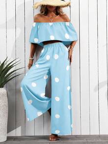 SHEIN Clasi Conjunto de 2 piezas con top hombros descubiertos y pantalones con estampado de lunares (patrón floral cortado al azar) - Celeste - Ver 4
