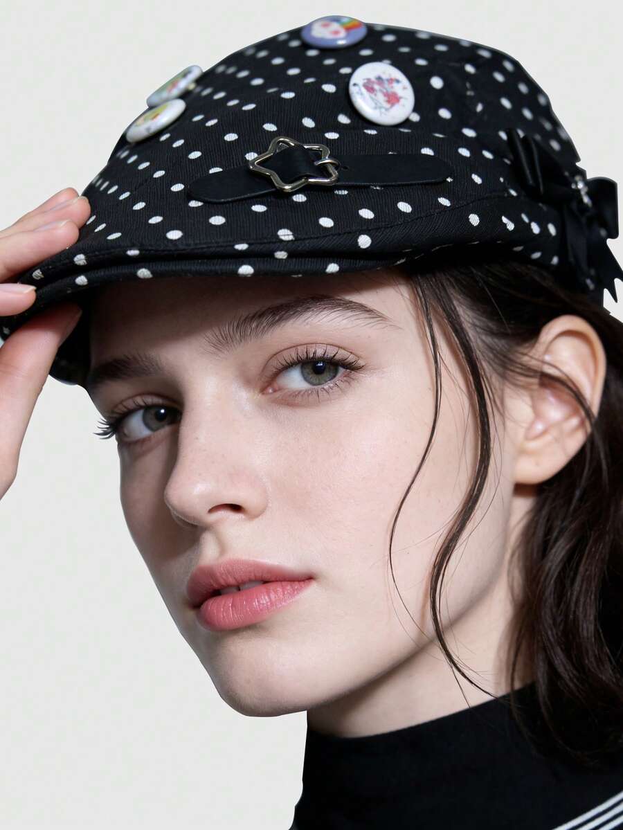 ROMWE Kawaii （随机波点图案）1顶黑白波点八角帽，复古小脸贝雷帽，女士画家帽，春夏款 - 黑與白 - 查看 1