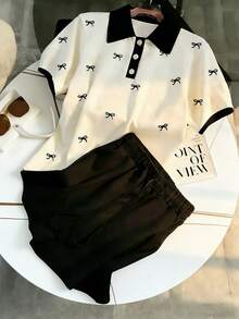 Resyla Stylish Women's Short Sleeve Knitted Polo Top With Bow Pattern And Matching Mini Shorts Set Casual - Multicolor - View 2