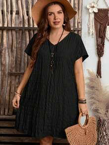 Enliva Plus Size Solid Color Short Sleeve V-Neck Dress, Fashionable For Summer, For Apple And Rounded Body Shape - Black - View 3