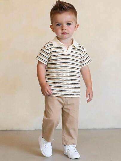 2pcs Toddler Boy Clothes,Toddler,Young Boy Loose Casual Squishy Polo Shirt & Pants Set,Summer Outfits,Summer Tops,Suitable For Spring/Summer, Everyday, Sports, Outings, School, Gatherings, Holidays, Performances, Photo Shoots, Easter Gift For Boys