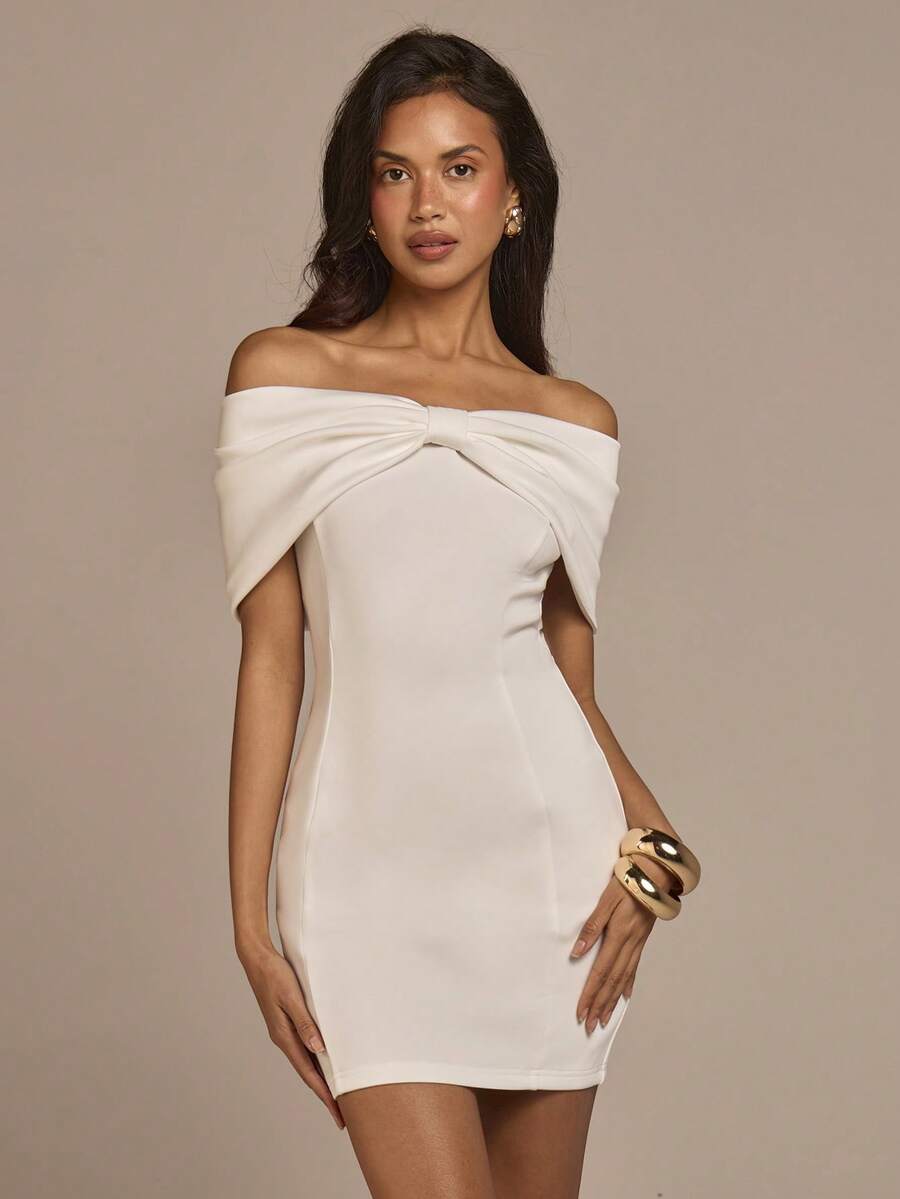 COSMINA Women's Elegant Off-Shoulder Bowknot Mini Dress, Versatile For Spring/Summer Dates, Parties And Gatherings - White - View 1