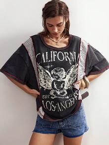 Bohemela Casual Knit Round Neck Loose Fit Short Sleeve T-Shirt For Women Graphic Tees Women Oversized T-Shirt Vintage T Shirts Women Black T-Shirt - Black - View 3