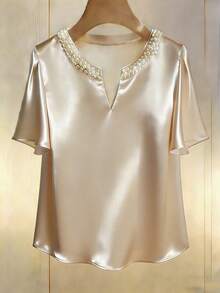 Qadelle Elegant Solid Color Pearl Decor V-Neck Blouse - Champagne - View 4