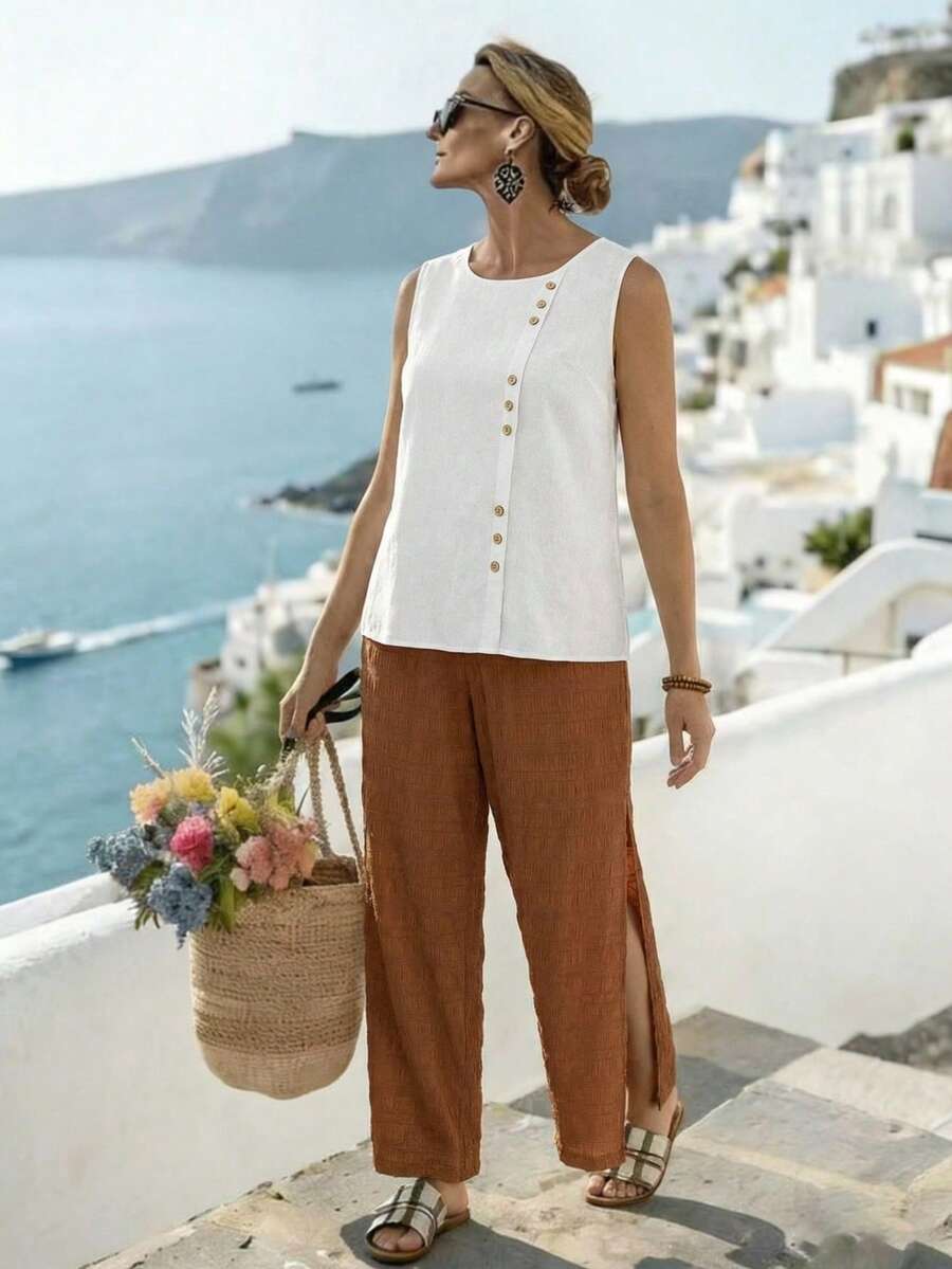 Linhara CURVE Blusa holgada de unicolor con botones para mujer talla grande, ideal para el verano, vacaciones y uso diario - Blanco - Ver 1