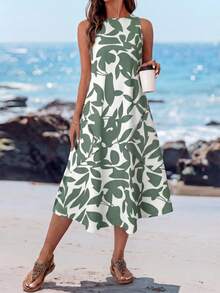 Sylviya 女士休闲印花中长连衣裙，适合春夏穿着 - 綠色 - 查看 5