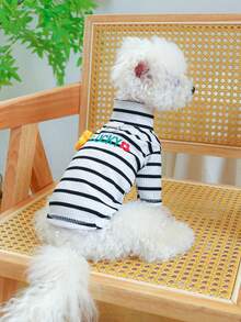 PETSIN 1pc Striped Pet High Neck Base Shirt LUCKY Embroidered Three-Dimensional Flower, With Traction D-Ring Cat And Dog Universal T-Shirt - Black and white bars - View 5