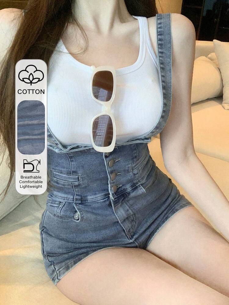 Vintage Washed Blue Double-Button Waist Splice Casual Street Outdoor Denim Overalls Shorts For Women, Spring & Summer