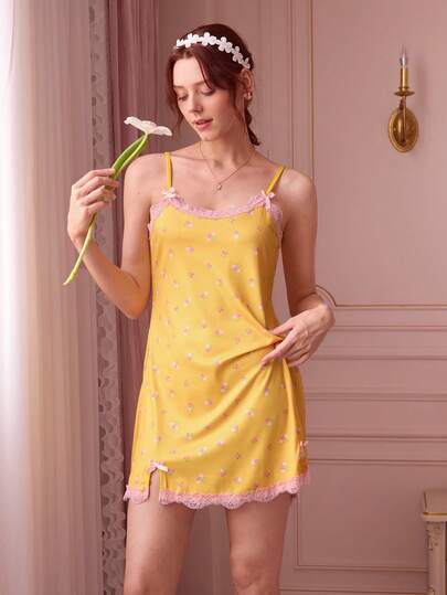 Bonmuse CottageSlumber Women's Ribbed Knit Floral Lace Trim Bow Sexy Camisole Nightgown