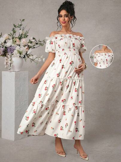 Momance 时尚孕妇印花褶皱连衣裙