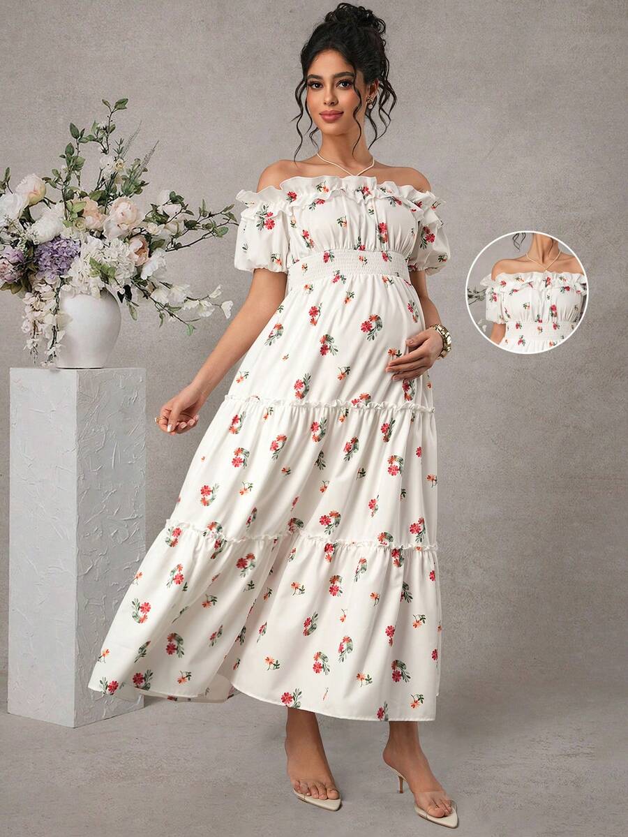 Momance Fashionable Maternity Printed Shirred Dress - White - View 1