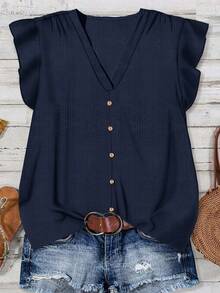 EMERY ROSE Casual Minimalist Navy Blue Polka Dot Plus Size Shirt, Suitable For Summer - Navy Blue - View 3