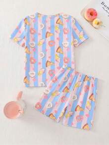 Set pigiama a 2 pezzi da ragazza, con maglia a girocollo a maniche corte e pantaloncini, in tessuto morbido ed elastico, con stampe di pizza, ciambelle e gelato, a righe, stile carino e dolce - Multicolore - Visualizzare 3