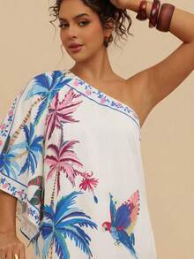 Travachic Plus Size Casual Asymmetric Neck Tropical Botanical Print Mini Dress, Navy Blue, Suitable For Summer & Autumn - Apricot - View 6
