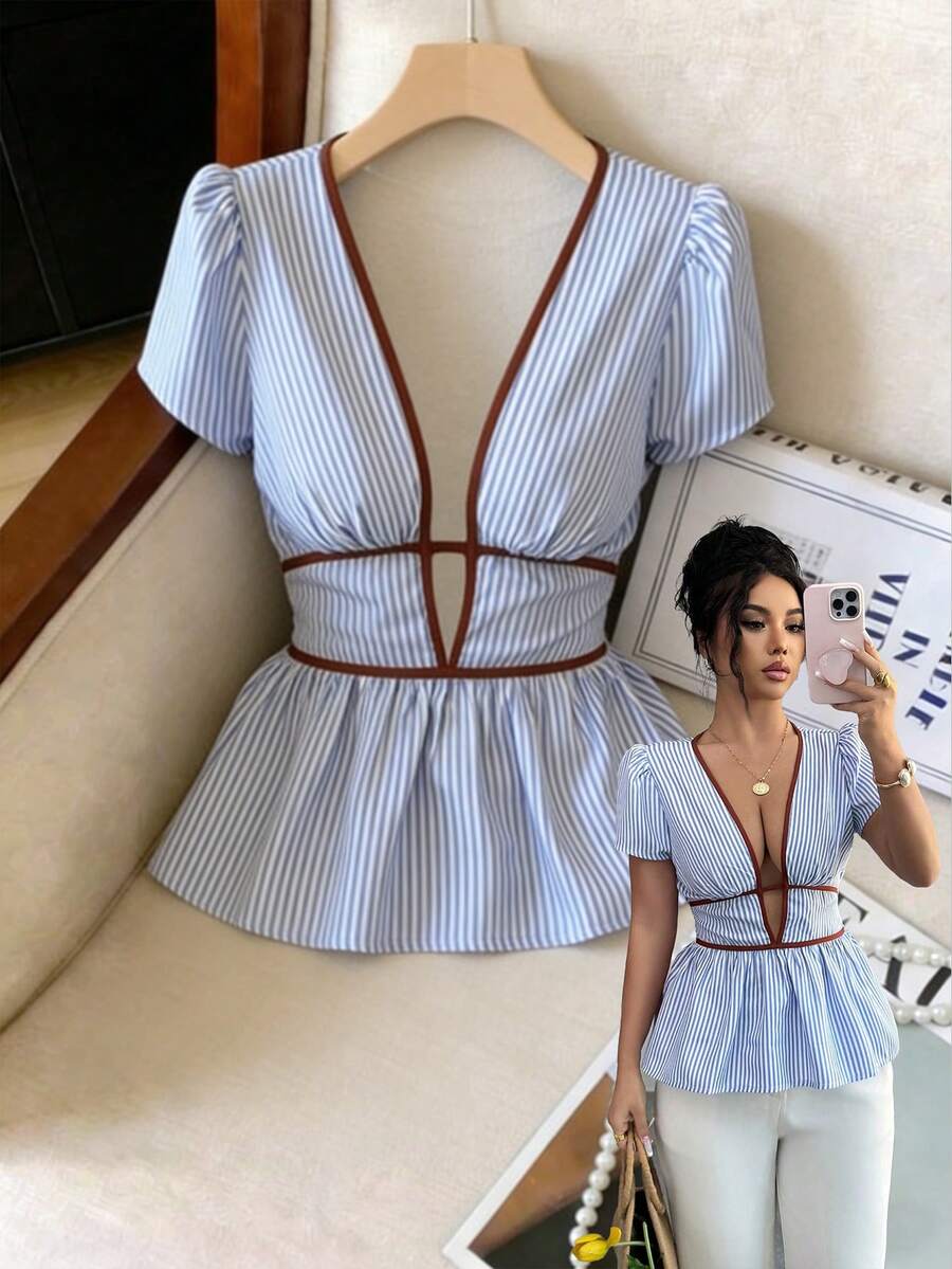 SHEIN Elenzya Elegant Summer Vacation Holiday Blue Striped Plunging Neck Sexy Hollow Out Women Blouse - Blue - View 1