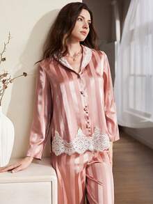 Women's Elegant Romantic High-End Lace Trim Striped Jacquard Satin Comfortable Sleepwear Set - Pink - View 3