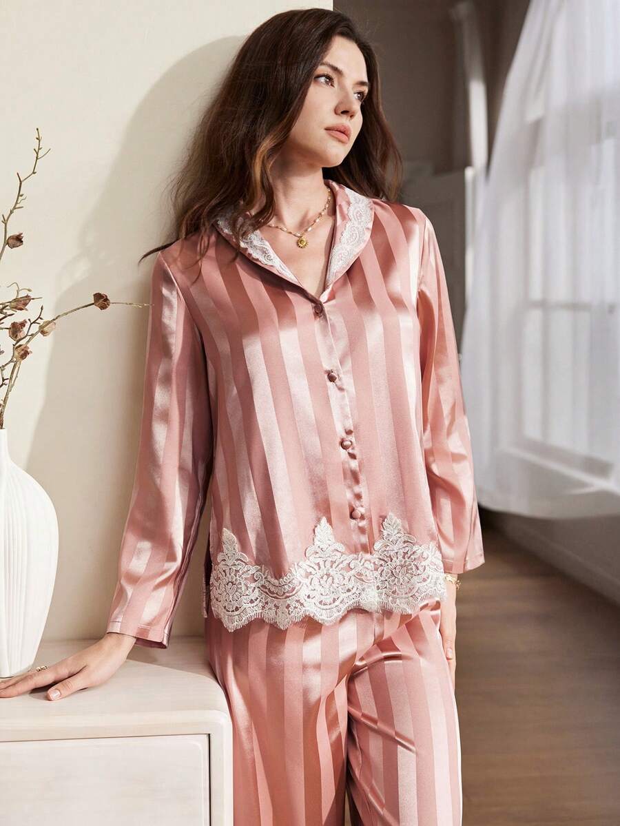 Women's Elegant Romantic High-End Lace Trim Striped Jacquard Satin Comfortable Sleepwear Set - Pink - View 1