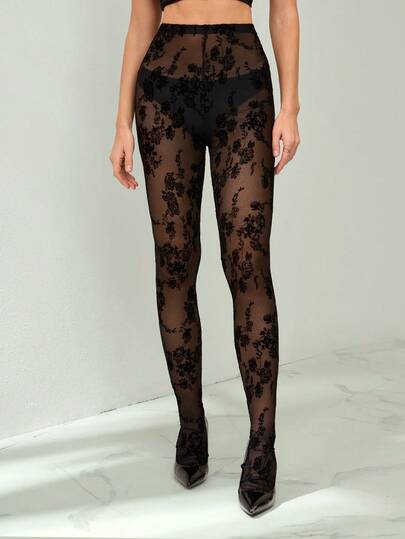 SHEIN Tall Damleggings med hög midja, flockade byxor, moderiktiga och sexiga byxor, höst- och vinterleggings, lämpliga för fritid, dejting, nattklubbsfester, julkläder, festivalfiranden spetsleggings, lämpliga för alla hjärtans dag, jul, dejtkväll, nattklubbar, fester, eleganta fester, daglig dejting, höst- och vintermodematchning, dejtkväll