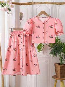 2pcs/Set Floral Print Puff Sleeve Shirt & Asymmetric Button Skirt, Comfortable For Vacation Or Daily Wear, Spring/Summer - Pink - View 7