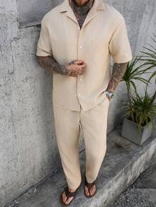 Manfinity Homme Set de 2 piezas Camisa de manga corta de tela de dos tonos cómoda y pantalón con cordón y cintura elástica para hombre, adecuado para uso casual, salir con amigos, fiesta, oficina, negocios, especialmente apropiado para primavera y otoño - Caqui - Ver 3